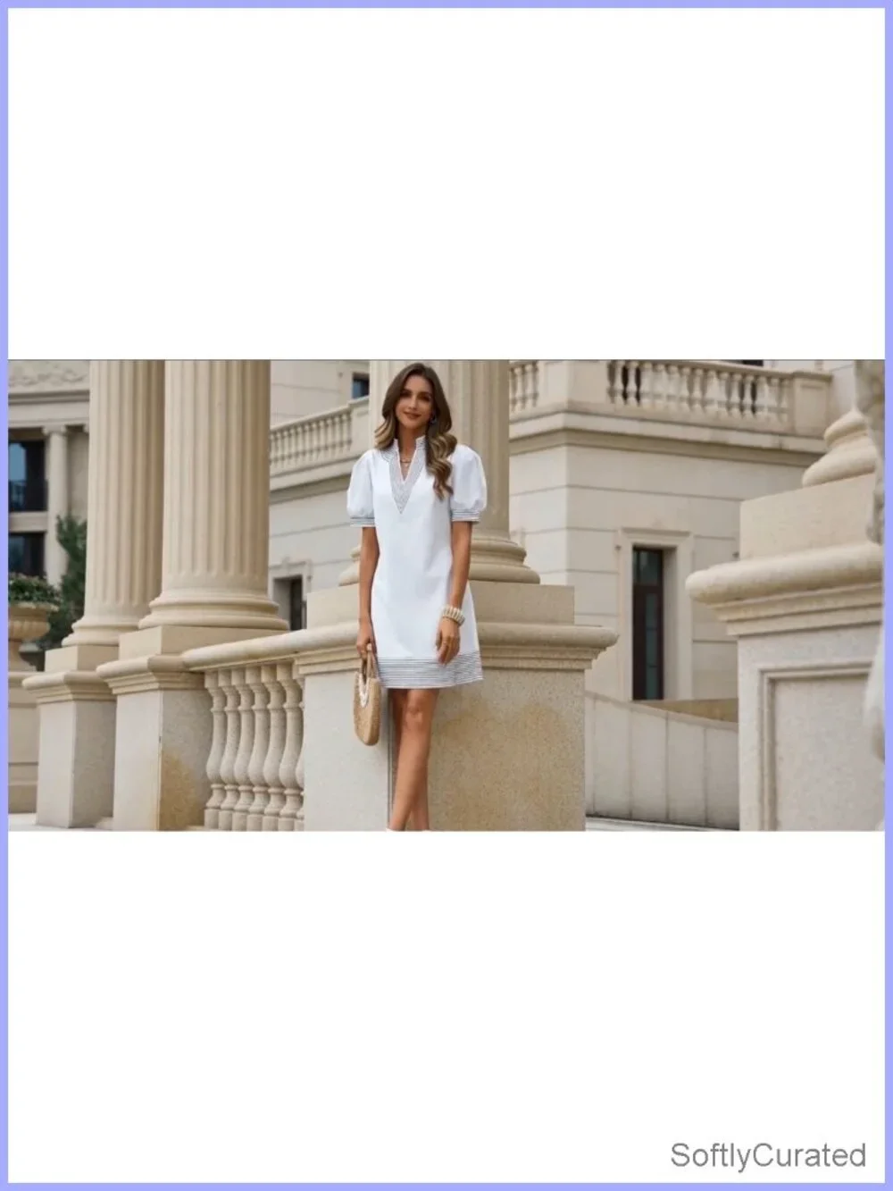 V Neck Puff Short Sleeve Boho Mini Shift Dress with Pockets Casual